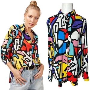 Big Dart Vintage 80s GEOMETRIC Pop Art Button Up Top Color Block Size Medium NWT
